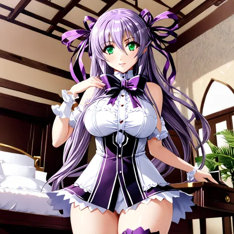  Masterpiece, top quality, Super Detail, high resolution,16k ,Azif , Al Azif, default outfit, long hair, ribbon, purple hair, green eyes, hair ribbon,Big Breasts、 perfect body