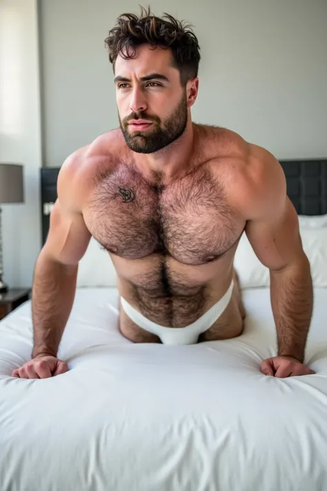  A Young Man, strong and athletic,  with a thick beard and long disheveled hair ,  wearing classic white underwear ,  doing push-ups on a large bed with white sheets and fluffy pillows .  Soft natural lighting that enters through a window ,  highlighting d...