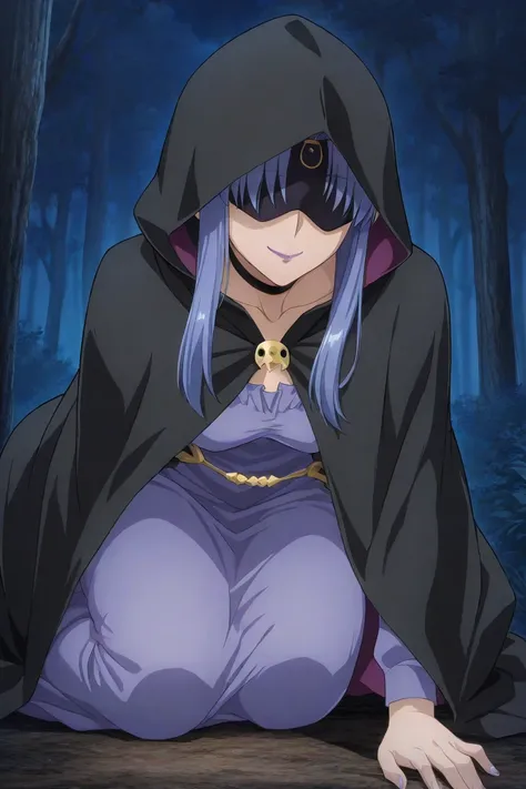 high resolution, masterpiece, necessary, detail, best quality, quality, necessary, details, High details, Precise, 
 
1girl_ ufotable style, ufotable anime, 

medea (fate), blue hair, purple lips, long hair, covered eyes, black choker, hooded cloak, hood u...