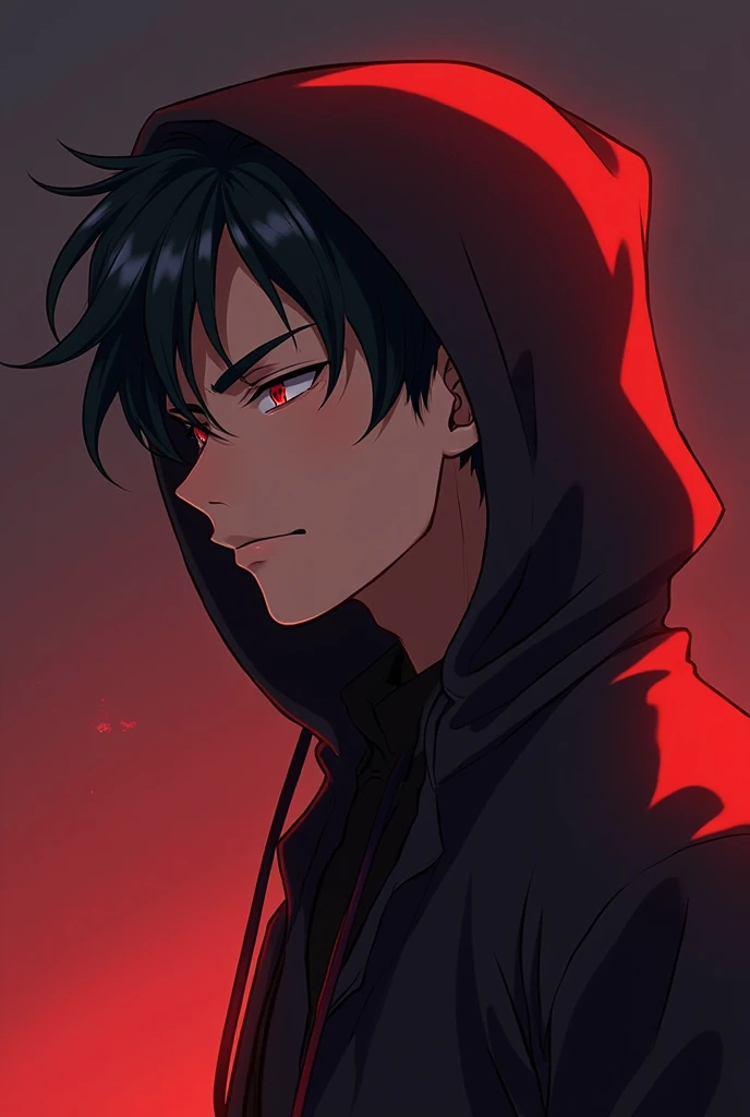 Anime style man (stylus from love and deepspace style), handsome, sharp jaw, dark mahogany hair, cool honey skin tone, pokerface and sideview profile, crimson eye color, Dangerously handsome, wearing a hood.