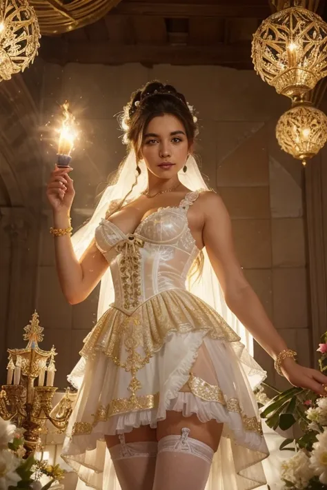 Goddess of the Day, in a magnificent white and gold ball open front gown dress with rhinestones and a tulle skirt, high up bun hairstyle, Big beautiful open front dress, Open crotch, White underwear, White laced stockings with garters and white bows, With ...