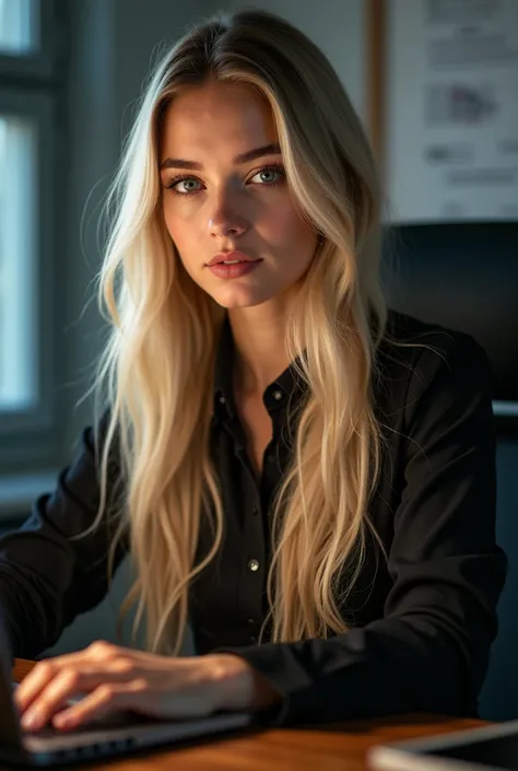 a beautiful girl with long blonde hair, detailed eyes, nose, and lips, wearing  professional outfit, siting in her office, using her computer, hp comuter (best quality,4k,8k,highres,masterpiece:1.2),ultra-detailed,(realistic,photorealistic,photo-realistic:...