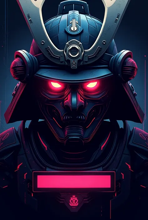 A high-tech and aggressive esports team logo featuring a close-up of a cybernetic samurai’s helmet, glowing neon eyes, and intricate futuristic plating. The helmet design is infused with sharp, angular lines and advanced mechanical details. Below the samur...