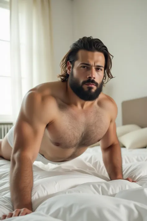  A Young Man, strong and athletic,  with a thick beard and long disheveled hair ,  wearing classic white underwear ,  doing push-ups on a large bed with white sheets and fluffy pillows .  Soft natural lighting that enters through a window ,  highlighting d...