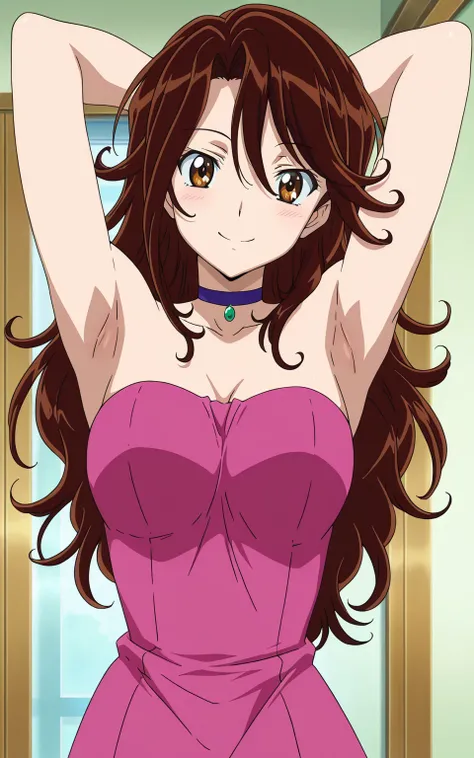 masterpiece, best quality, amazing quality, anime screencap, 1girl, solo, Sumeragi lee, brown hair, long hair, brown eyes, wavy hair, choker, strapless, arms behind head, armpits, head towards viewer, looking at viewer, smile, closed mouth, indoors