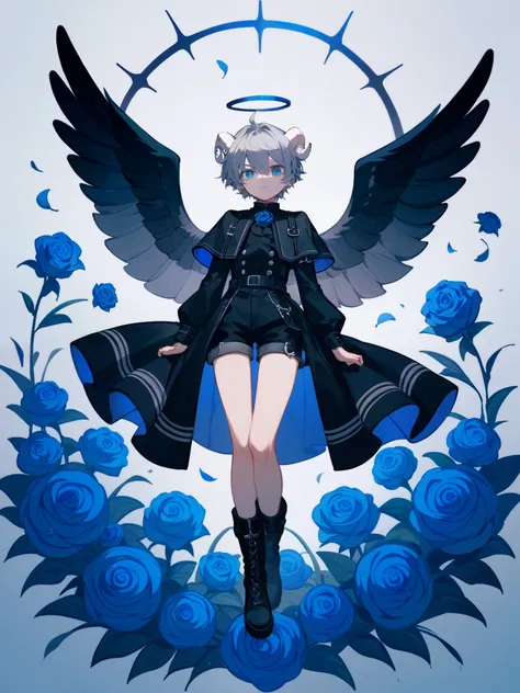  Fallen Angel Boy 、Gray Hair、 bob hair、 Black gothic lolita、 Black Shorts 、 gothic clothes like military uniforms、Blue rose decoration、 Black Angel Wings、white horns like sheep 、Bare legs、 wearing black boots、Full body portrait、 blue eyes、 cheeky face