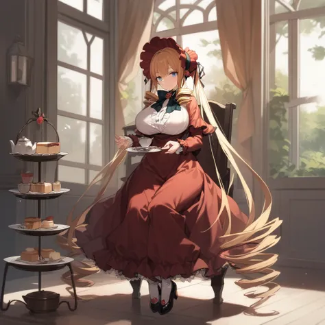  1 girl solo,   blond hair,  blue eyes,  full body,  long hair,   drill hair , bonnet,  twin tails,  dress,   high quality, Big Breasts、 perfect body、 tea time