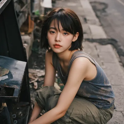 live-action,boyish middle school girl,Short Hair,dirty blue tank top ,Sidewalk Corner Dumpster ,fishing for trash bags , rough skin