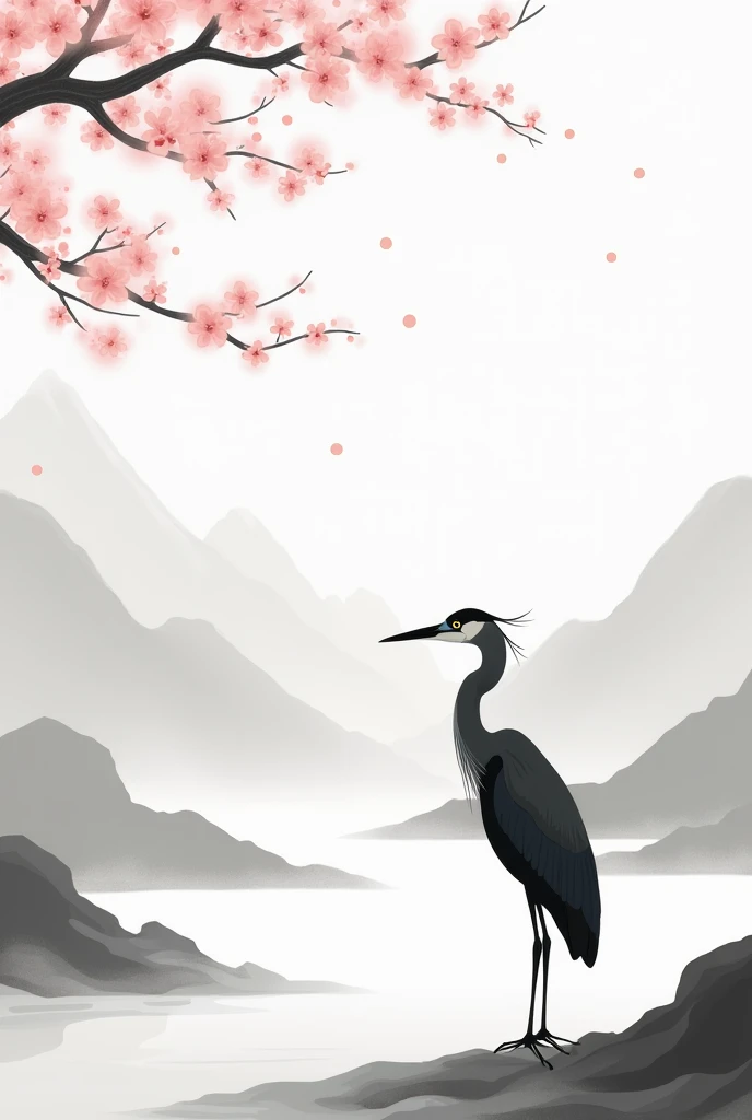 Monochromatic heron amidst blossoming cherry blossoms; ink wash style; serene landscape; crane positioned in profile view; foreground features a subtly textured, light-grey ground; background features a misty, mountainous range; cherry blossom branch stret...