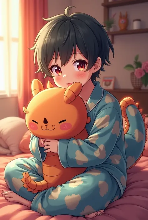 An anime boy in dragon themed palama's holding a pillow