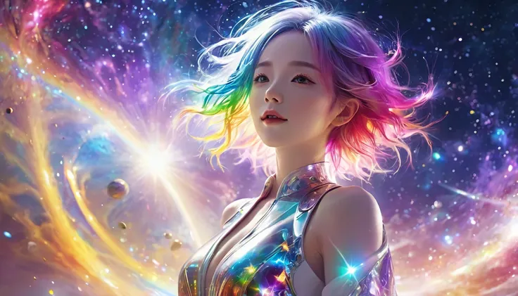   floating in space 、((whole body))、,  top quality,  Highly Detailed CG Synthesis 8K Wallpaper, Cinema Lighting,  lens flare,  pay attention to details, White clothes,   multicolored hair , Rich and colorful light,  particle, 、 girl、Laugh without fear 、  r...