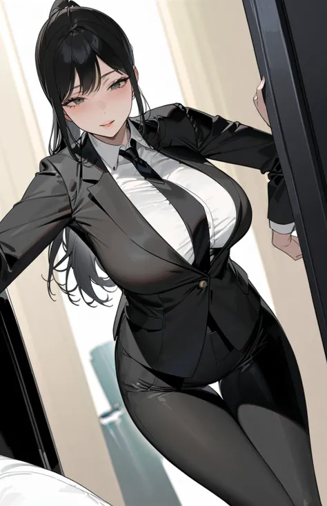 (  top quality 、 Masterpiece:1.2,Female Solo)  black hair 、  ponytail、 Thick lips、(   black jacket 、 black pant suit 、 Long Black Necktie 、  white shirt) Wear clothes that are less revealing 、 smile、 big breasts