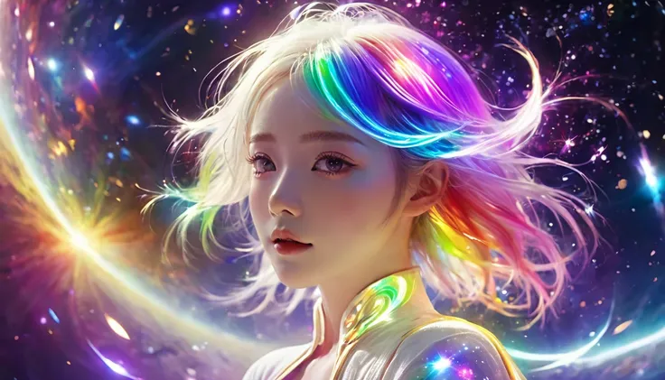   floating in space 、((whole body))、,  top quality,  Highly Detailed CG Synthesis 8K Wallpaper, Cinema Lighting,  lens flare,  pay attention to details, White clothes,   multicolored hair , Rich and colorful light,  particle, 、 girl、Laugh without fear 、  r...