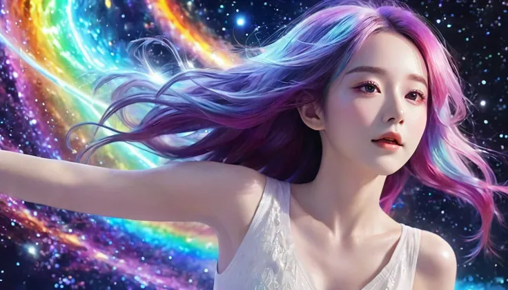   floating in space 、((whole body))、,  top quality,  Highly Detailed CG Synthesis 8K Wallpaper, Cinema Lighting,  lens flare,  pay attention to details, White clothes,   multicolored hair , Rich and colorful light,  particle, 、 girl、Laugh without fear 、  r...