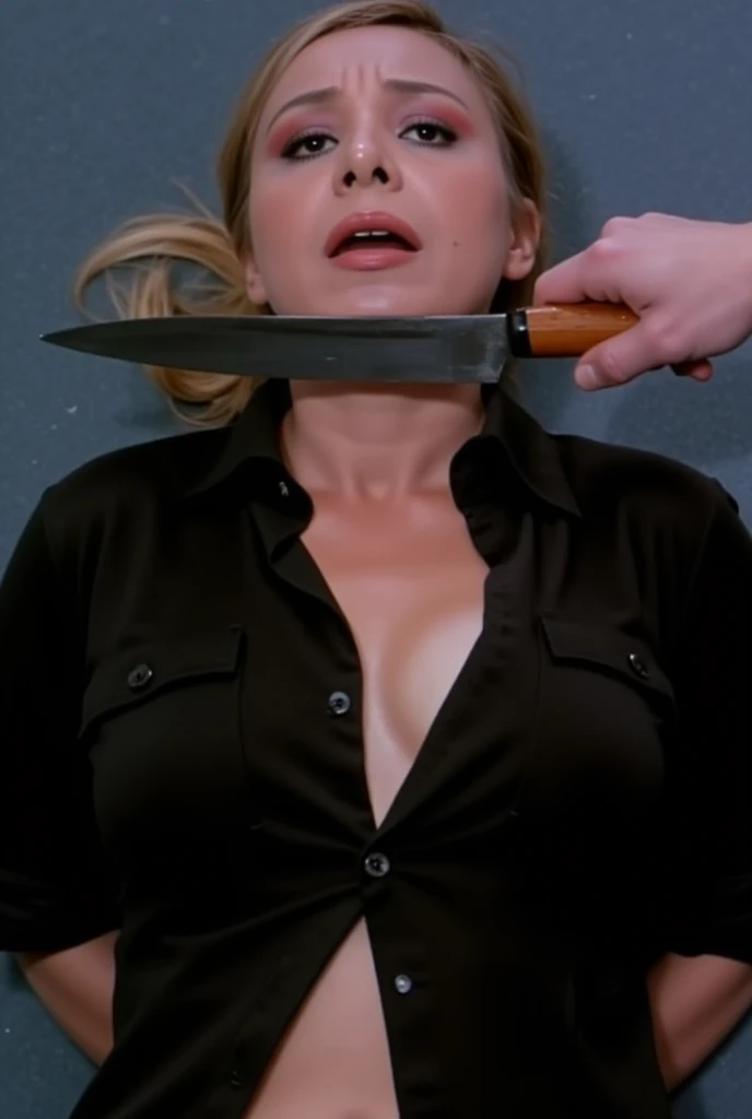  Nude Mature mom yeas 70 mom mature  He put the blade to his throat   laid down,Large knife on the neck,Black Shirt buttons open,Hands behind back,Blade ready to cut,Throat Exposed,Accurate,Large breasts, Overexposure, Despair, Worried,Ponytail,   He put t...