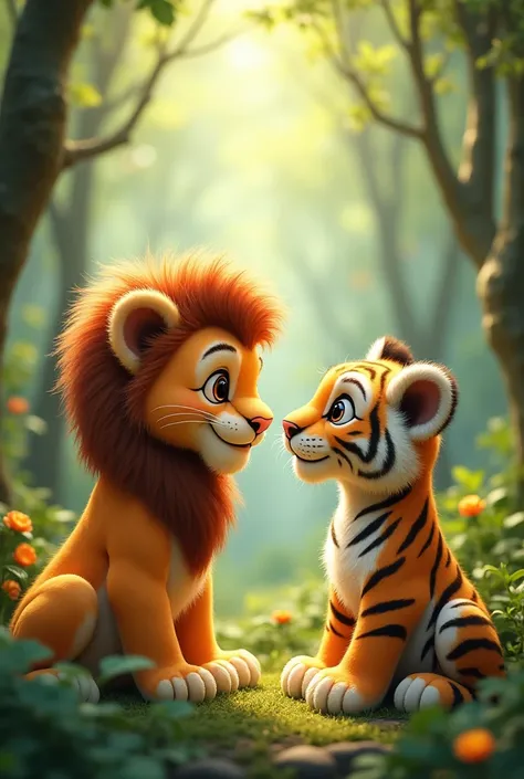 A lion and a tiger 
Both cute
Facing each other 
In a beautiful forest