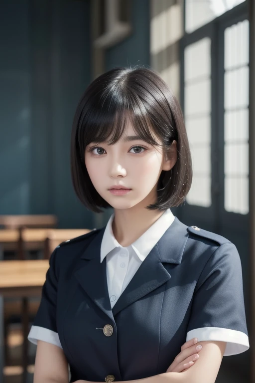 ( Highest Resolution , clear_ images) best quality ,closeup, single person , one woman, Alone, Masterpiece, very detailed, semi-realistic , Short Black Hair , black hair, bangs, 18 years old, mature, light blue uniform, uniform, Indoor Background, kind, Di...