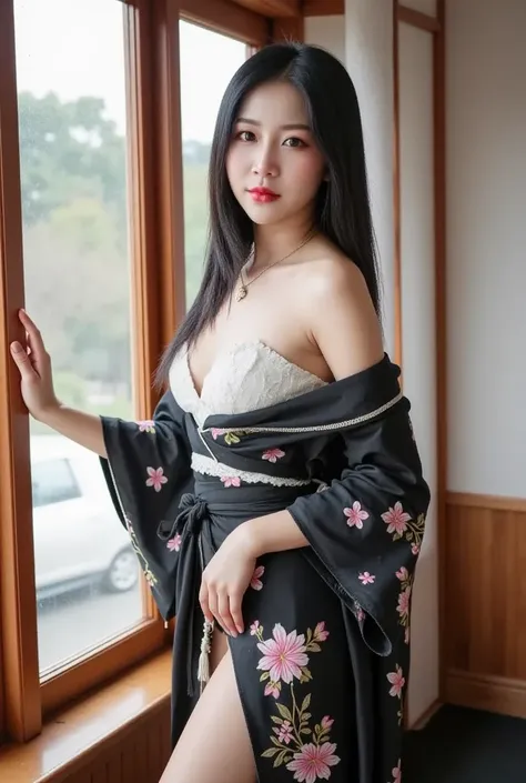 25 years old Korean woman, Masterpiece, Realistic, Cinematic quality, Deep focus, Smooth skin, Facial details, Clear focus, Light falling on her skin makes her stand out (Natural light, Afternoon light), Natural breasts, Wearing a black and white kimono em...