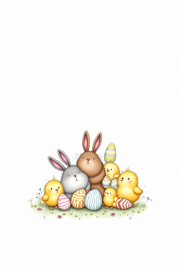 Bunny balls ,chicks,, several Easter eggs, painted in thin, colorless stripes, used in a coloring book.