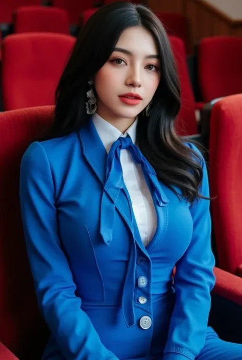   A beautiful woman with gyaru makeup wearing a blue suit, The white shirt , blue tie , blue pants, and a young handsome man , mengenakan jas biru dan The white shirt , blue pants, stand, in a cinema room filled with red chairs,   beautiful portrait of an ...