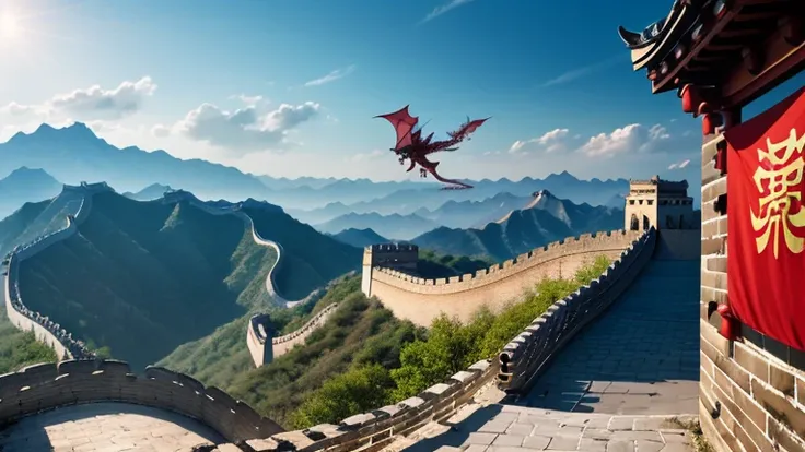 A dragon flyind in sky to protect great wall from outside set location china great well set envornment evninig or morning, sky is saffrom, dragon protect chanese national flag