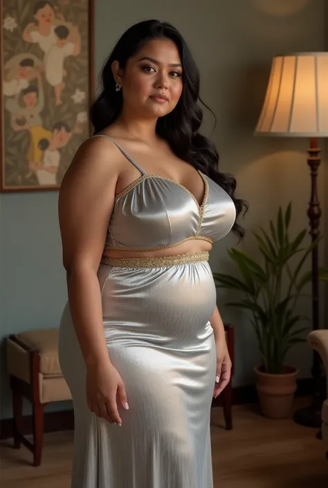 Burmese plus size model mature, in a glossy shimmer silver transparent silky long tight skirt, attractive feminine curves, See-through body parts under the dress, show her curves of body shape and back of body, focusing her hourglass body, full body portra...