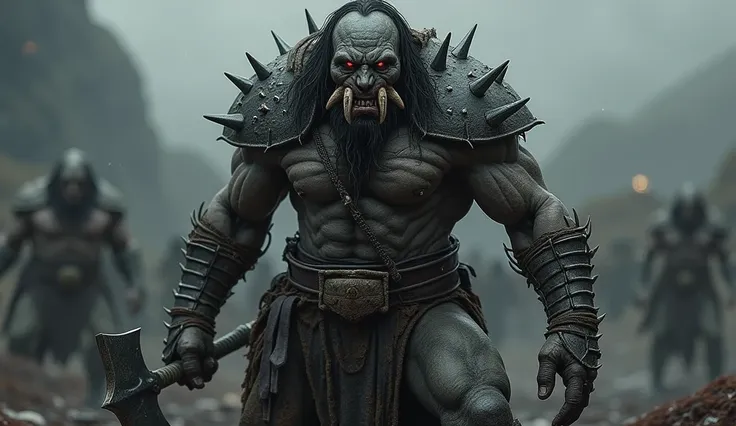 Create an ultra-realistic full-body image of an Uruk-hai from The Lord of the Rings, capturing its terrifying and brutal nature. The Uruk-hai stands tall and muscular, with a hulking, broad-shouldered physique, displaying the strength and ferocity bred int...