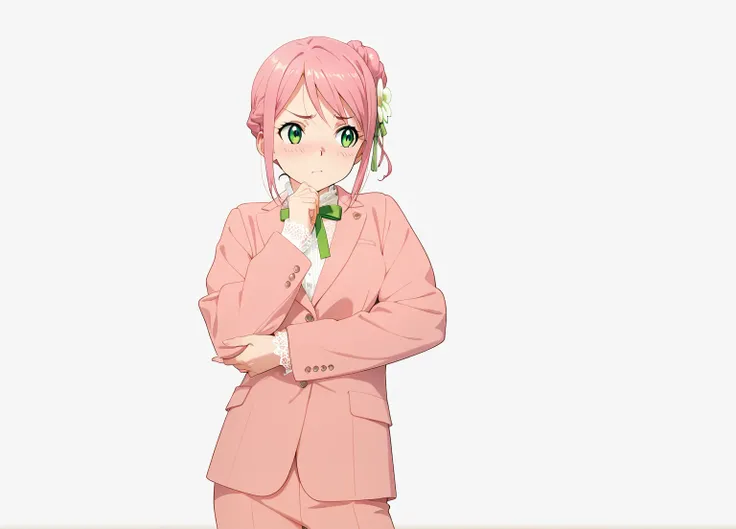 beautiful anime girl, pink hair in an elegant bun, floral hair ornaments, vibrant green eyes, worried expression, slightly furrowed eyebrows, soft blush, looking slightly downward, thoughtful and hesitant pose, hand gently touching chin, crossed arms, styl...