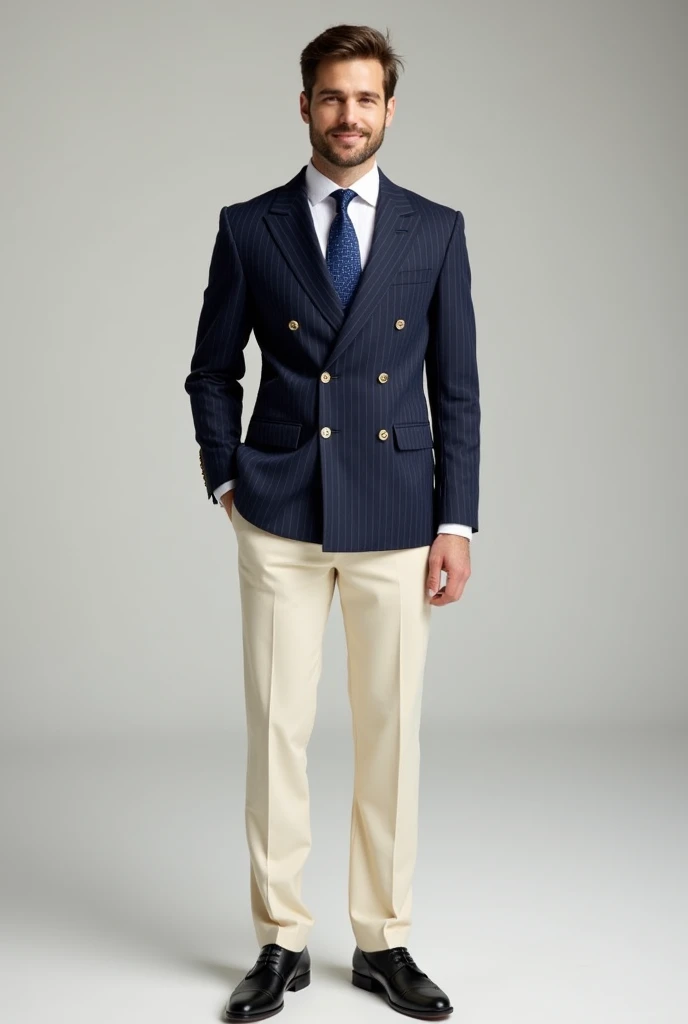 Cream trousers, navy blue striped double breasted blazer, egg white shirt blue tie and black oxford shoes