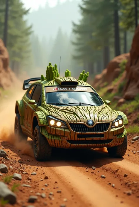 Rally cars are underway. The rally car is painted like the color of the clothes worn by groot. and the entire body of the car is colored like groot's outfit. with a dirt road in the background. 3d