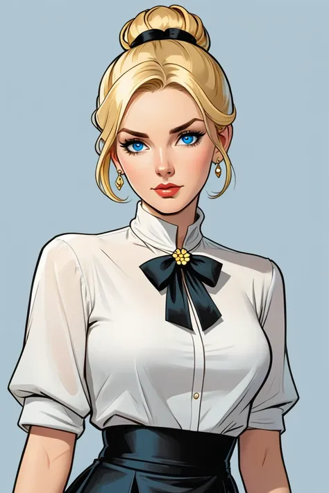 woman, caucasiana,  blue eyes,  golden blonde is tied in a high bun , She wears a flawless white blouse ,  with a turtleneck and a black silk bow around the neck, combined with a black pencil skirt. She holds a delicate gold watch and wears a brooch with t...