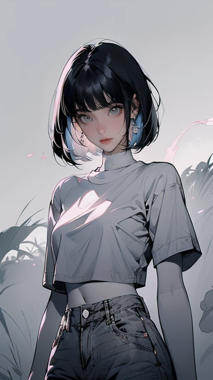 (monochrome, line art, halftone),((startled,full shot body,looking at viewer, )),(,perfect face,black hair,bob cut,blunt bangs, grey eyes,crop top,short sleeves,mary janes,wide hips),(Pastel colors,dreamscape,white sky,fog)  