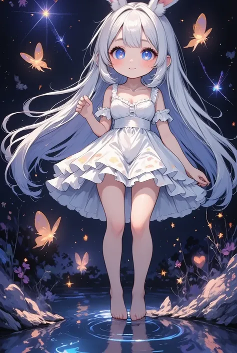 a cute chibi style girl, Face Focus, masterpiece, highest quality, girl，Looking up，Sparkling and colorful, Sparkling butterfly，Twinkle Star，shining heart，Night Background, fire Fly, Particles of light, alone, Twin-tailed light blue hair, Aqua Eye, Cute Smi...