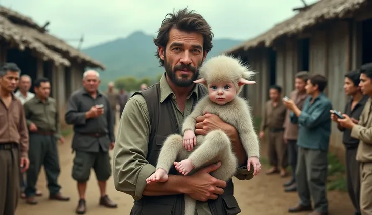 surreal and realistic scene set in a remote rural village. A man with a rugged appearance is holding a mysterious baby with a clearly human-like face but a body fully covered in thick goat-like fur. The baby has expressive human eyes, a small nose, and del...