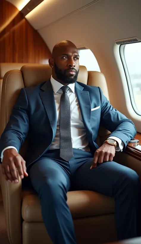 A vivid, colorful image of Jon Jones, the legendary UFC fighter, sitting in an elegant business seat inside a private jet. Jon is dressed in a sharp, tailored suit with subtle patterns on the fabric, showing off his athletic, muscular build. He has a confi...