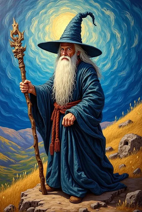 a wizard like Ghandalf from Lord of the Rings in a painting style of Van Gogh 