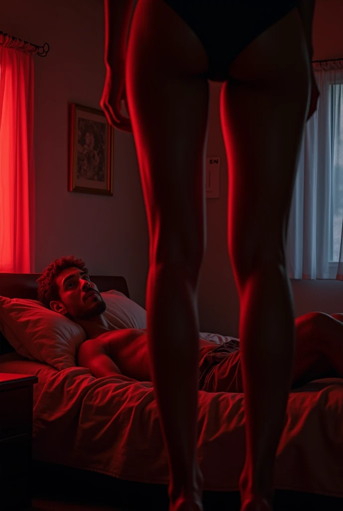 A man lying in a motel-like room with red lights and showing a girl's legs