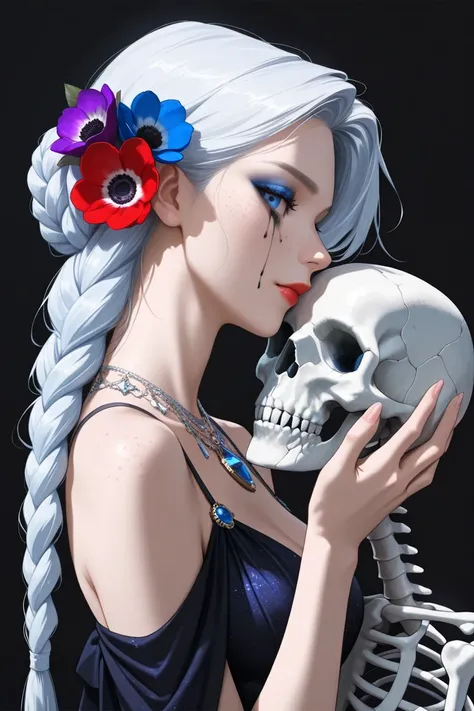 masterpiece, best quality, good quality, very awa, very aesthetic, absurdres, newest, 1girl, solo, long_hair, looking_at_viewer, blue_eyes, simple_background, hair_ornament, dress, holding, closed_mouth, jewelry, upper_body, white_hair, braid, flower, hair...