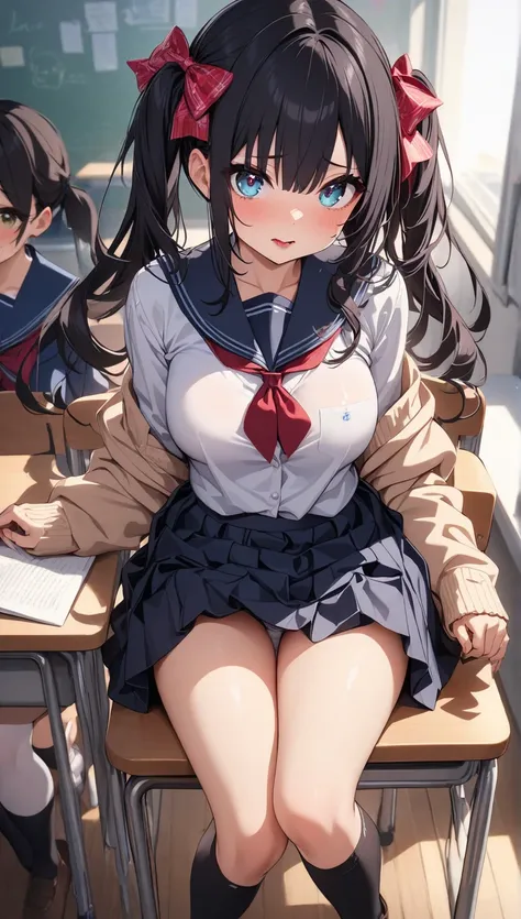 thigh-high socks、skirt lift up、While sitting on a chair in a school classroom:1.3、 bokeh processing:1.3、from above、、 school uniform、 cardigan with hands,、 top、 embarrassing expression、( cute young woman,  medium breasts, black hair、 twin tail hair 、Long si...