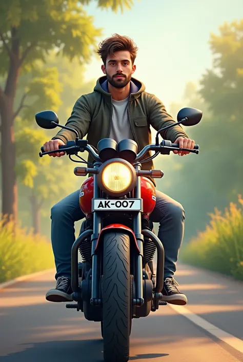 Create a 3D illustration of a 30-year-old Caucasian boy with beard casually sitting on a GTR 350 bike. He is 6 feet tall and is dressed in a casual jacket and sneakers. The backdrop to this scene is the beauty of nature, featuring a road. The bike's number...