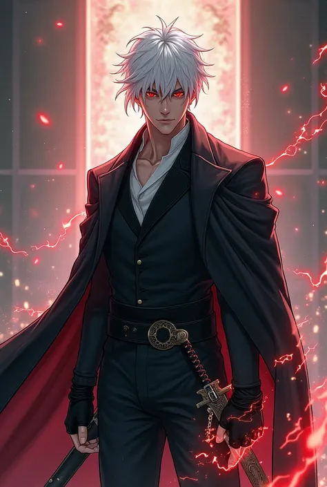  Create a martial artist from the Murim genre in Korean 2D, A heavenly demon man with white hair and red eyes with sparks coming out and wearing a black suit with a sword around his waist 