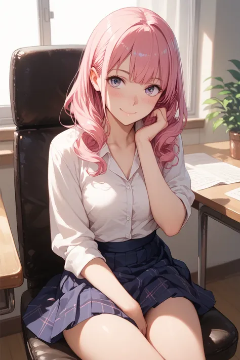 わきUnderを見せない，blush，Under，  no background ，   when you stare at ， Stare at Pe ，Sit on a chair，Front view， panties, skirt， no background， Pink Hair ，smile