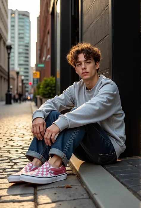 A stylish young man with curly brown hair sits on a cobblestone street, leaning back against a modern black-tiled wall in an urban setting. He wears an oversized light gray sweatshirt, loose-fitting dark blue jeans, and VANS_pink_slip_on_shoes. His facial ...