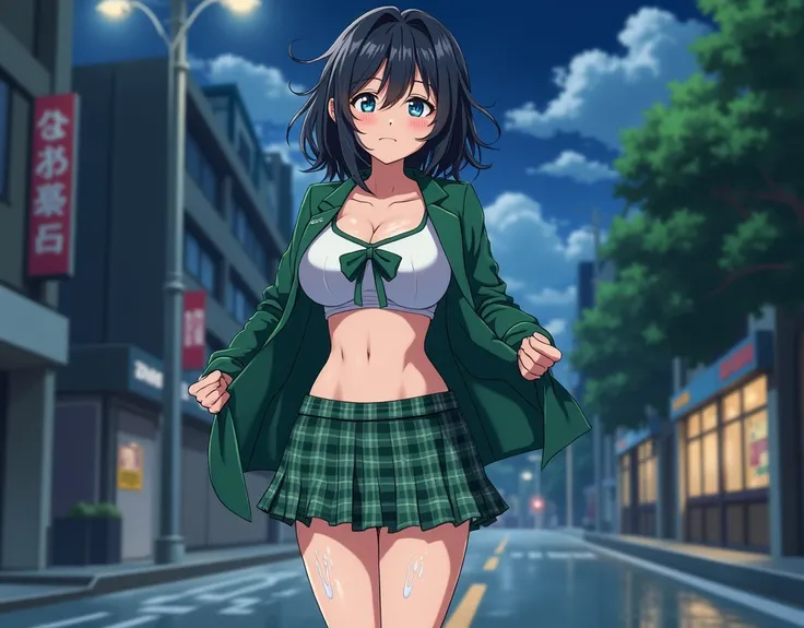 Start taking off clothes　下に水着を着ている　 school swimsuit　 Full Body Soaking Wet 　moe style　　 anime picture for TRPG　checked green skirt 　Green blazer　 messy medium bob wearing a swimsuit underneath　high school girl　cute　 fine 　(Ahoge)　Black Hair 1girl Green rib...