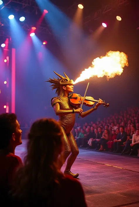 A grand America's Got Talent stage illuminated by vibrant, colorful spotlights. A half-human, half-dragon contestant is performing, breathing small puffs of fire while playing a golden violin. The audience is in awe, with their expressions showing amazemen...