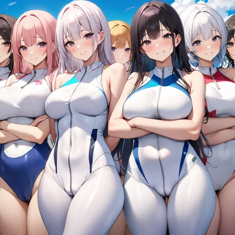  8k resolution,  surreal,  very detailed,  high quality, perfect anatomy, ( girl: 1.1),  girl1名,  Beautiful Japanese Woman stroking her bangs ,18 years old, ,   detailed face,  long hair, (Big Breasts),(Wide hips), ( white swimming race suit :1.3), ( Camel...