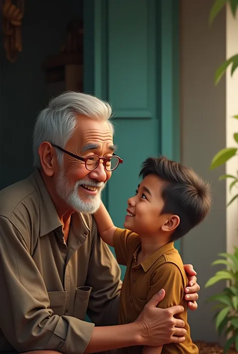 Indonesian Grandfather Smiling to His Son