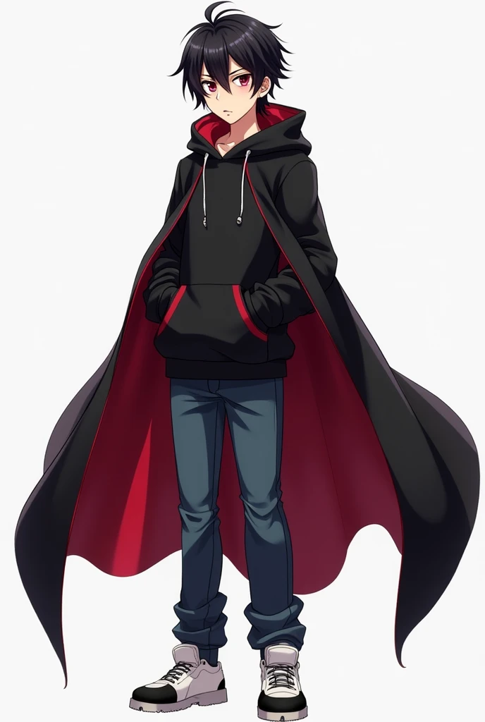   A  old boy, black hair with red locks,reddish violet eyes, vampire fangs ,black sweatshirt with red pockets,long jeans pants ,white sneakers with a black tip,wearing a black cape on the outside and red on the inside, anime-style image