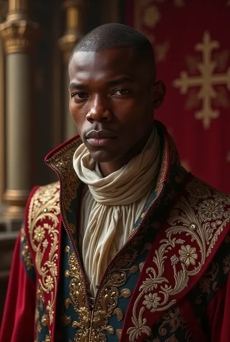  male, Young, negro,  shaved hair ,  brown eyes, Handsome and seductive,  prince, Wear medieval royal clothing in black