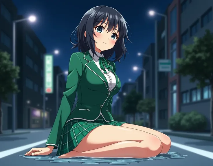 Start taking off clothes　制服の下に school swimsuitを着ている　 school swimsuit　 Full Body Soaking Wet 　moe style　　 anime picture for TRPG　checked green skirt 　Green blazer　 messy medium bob wearing a swimsuit underneath　high school girl　cute　 fine 　(Ahoge)　Black Hai...